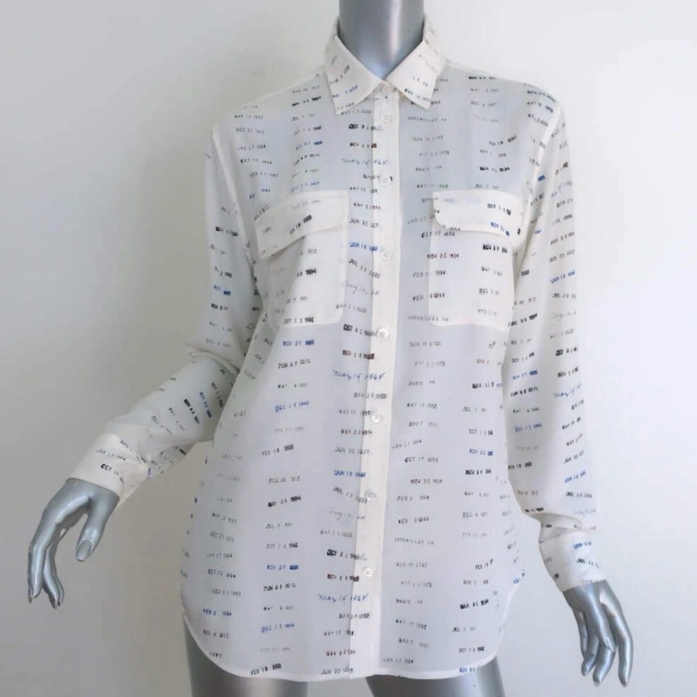 Equipment Library Stamp Blouse Cream Printed Silk Size XS Long Sleeve Top NWOT